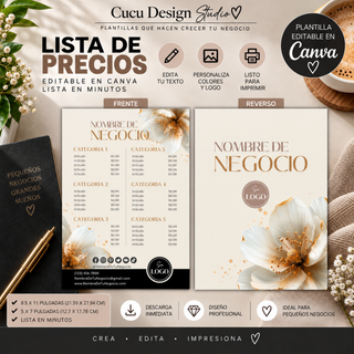 Plantilla de lista de precios editable en Canva para pequeños negocios y emprendedores. Incluye diseños de frente y reverso con espacio para nombre del negocio, categorías, productos o servicios y precios. Disponible en tamaños de 8.5 x 11 pulgadas (21.59 x 27.94 cm) y 5 x 7 pulgadas (12.7 x 17.78 cm). El diseño floral en tonos crema, beige y dorado puede personalizarse con texto, colores y logotipo.