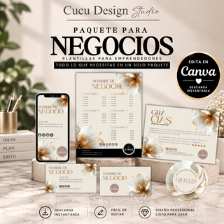 Paquete para negocios con plantillas editables en Canva para emprendedores y pequeños negocios, presentado con un elegante diseño floral en tonos crema, beige, dorado y café. Incluye tarjeta de presentación, tarjeta de presentación digital para celular, lista de precios, tarjeta de agradecimiento y sticker personalizado. El paquete ofrece descarga instantánea, edición fácil en Canva y diseños profesionales listos para personalizar.