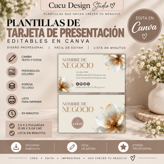 Plantillas de tarjetas de presentación editables en Canva para pequeños negocios y emprendedores. Incluye dos diseños profesionales de tarjeta de presentación de 3.5 x 2 pulgadas (8.89 x 5.08 cm), con espacio para nombre del negocio, teléfono, correo electrónico, sitio web, redes sociales y logotipo. El diseño floral en tonos crema, beige y dorado puede personalizarse cambiando textos, fotografías, colores y elementos antes de descargar e imprimir.
