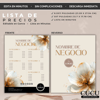 Plantilla editable de lista de precios con diseño floral elegante en tonos neutros y dorados. Incluye categorías de productos, espacio para logo y redes sociales. Ideal para salones, boutiques, repostería y pequeños negocios. / Editable price list template with elegant floral design in neutral and gold tones. Includes product categories, logo space, and social media icons. Ideal for salons, boutiques, bakeries, and small businesses.
