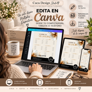 Plantillas para negocios editables en Canva desde computadora, tablet y teléfono. La imagen muestra una lista de precios personalizada en Canva desde una computadora portátil, una tablet y un teléfono, demostrando la posibilidad de trabajar desde diferentes dispositivos. Permite editar textos, colores, imágenes y logotipo, guardar los diseños y descargarlos para uso digital o impresión. Ideal para emprendedores que desean crear materiales profesionales de manera sencilla.