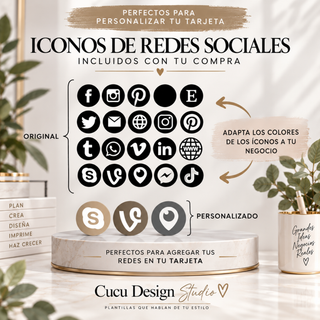 Colección de íconos de redes sociales incluidos con la compra del paquete de plantillas para negocios. La imagen muestra múltiples íconos de plataformas y medios de contacto, incluyendo Facebook, Instagram, Pinterest, correo electrónico, sitio web, WhatsApp, LinkedIn, TikTok y otras redes. Los íconos pueden personalizarse en diferentes colores para combinar con la identidad visual del negocio y agregarse a tarjetas de presentación, tarjetas de agradecimiento y otros diseños.