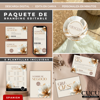Paquete de branding editable en Canva con diseño floral elegante en tonos beige, crema y dorado. Incluye tarjeta de presentación, tarjeta digital para celular, sticker redondo, lista de precios y tarjeta de agradecimiento. Plantillas minimalistas y femeninas perfectas para pequeños negocios, boutiques, estéticas y emprendimientos creativos. / Editable Canva branding bundle with elegant floral design in beige, cream, and gold tones. Includes business card, mobile business card, round sticker, price list, and