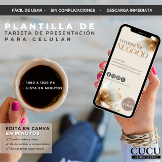 Plantilla de tarjeta digital para celular con diseño floral beige y dorado mostrada en pantalla de teléfono. Ideal para compartir información de negocio y redes sociales digitalmente. Editable en Canva y optimizada para formato móvil vertical. / Mobile business card template with beige and gold floral design displayed on smartphone screen. Perfect for sharing business information and social media digitally. Editable in Canva and optimized for vertical mobile format.