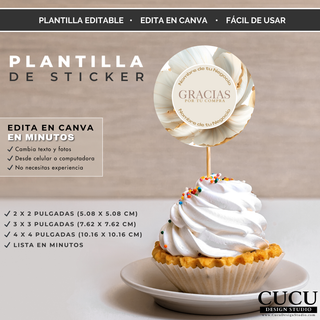 Plantilla editable de sticker redondo con flores blancas y mensaje “Gracias por tu compra”. Diseño delicado y elegante para empaques, cajas, pedidos y pequeños negocios. Disponible en varios tamaños y editable en Canva. / Editable round sticker template with white flowers and “Thank you for your purchase” message. Delicate and elegant design for packaging, boxes, orders, and small businesses. Available in multiple sizes and editable in Canva.