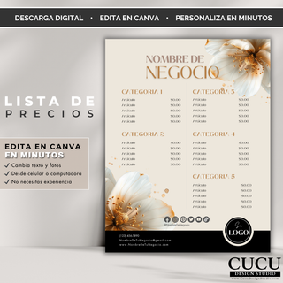 Lista de precios minimalista editable en Canva con flores blancas y detalles dorados. Diseño limpio y profesional ideal para mostrar servicios o productos de manera elegante y organizada. / Minimalist price list editable in Canva with white flowers and gold details. Clean and professional design ideal for displaying services or products in an elegant and organized way.