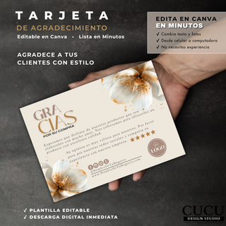 Tarjeta de agradecimiento editable con flores blancas y mensaje elegante para clientes. Diseño sofisticado ideal para incluir en pedidos, empaques y compras de pequeños negocios. Editable fácilmente en Canva. / Editable thank you card with white flowers and elegant customer appreciation message. Sophisticated design perfect for packaging, orders, and small business purchases. Easily editable in Canva.