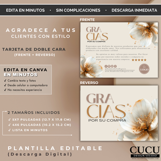 Plantilla de tarjeta de agradecimiento de doble cara con diseño floral beige y dorado. Incluye frente y reverso con espacio para mensaje personalizado, logo y redes sociales. Descarga digital editable en Canva. / Double-sided thank you card template with beige and gold floral design. Includes front and back layouts with space for custom message, logo, and social media handles. Digital download editable in Canva.