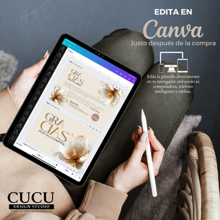 Vista previa de plantilla editable en Canva mostrada en tablet. Diseño floral elegante para branding de pequeños negocios con edición sencilla desde computadora, celular o tablet. / Preview of editable Canva template displayed on tablet. Elegant floral branding design for small businesses with easy editing from computer, phone, or tablet.