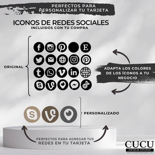 Colección de iconos de redes sociales personalizables incluidos con la compra. Diseño adaptable a colores de marca ideal para tarjetas de presentación, listas de precios y branding digital. / Collection of customizable social media icons included with purchase. Design adaptable to brand colors, ideal for business cards, price lists, and digital branding.