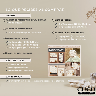 Imagen informativa mostrando todo lo incluido en el paquete de branding editable. Incluye tarjeta digital, tarjeta de presentación, stickers, lista de precios, tarjeta de agradecimiento e iconos para redes sociales. / Informational image showing everything included in the editable branding bundle. Includes digital business card, business card, stickers, price list, thank you card, and social media icons.