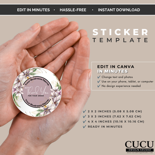 Round floral thank you sticker Canva template available in multiple sizes for packaging and branding. / Plantilla editable de sticker redondo floral de agradecimiento en Canva disponible en varios tamaños.