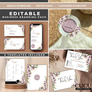 Editable floral business branding pack Canva template bundle featuring business cards, stickers, thank you cards, and price list templates. / Paquete de identidad visual editable en Canva con tarjetas de presentación, stickers, tarjetas de agradecimiento y listas de precios florales.
