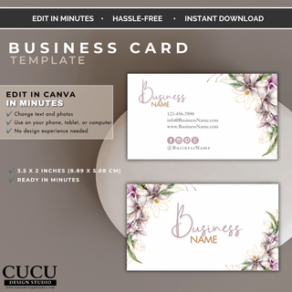 Editable floral business card Canva template with front and back design for small business branding. / Plantilla editable de tarjeta de presentación floral en Canva con diseño frontal y posterior para pequeños negocios.