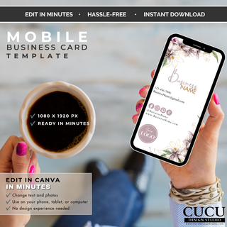 Mobile business card Canva template displayed on smartphone screen for digital networking and branding. / Plantilla de tarjeta de presentación digital para móvil en Canva mostrada en pantalla de teléfono inteligente.