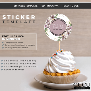 Floral thank you sticker Canva template displayed on cupcake topper for business packaging and events. / Plantilla floral de sticker de agradecimiento en Canva mostrada como topper para cupcakes y empaques.