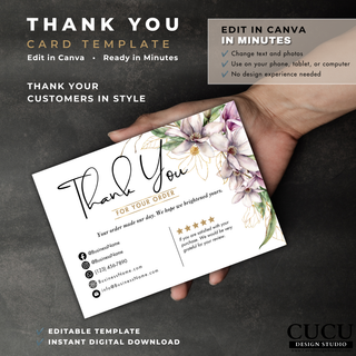 Editable floral thank you card Canva template with business information and customer appreciation message. / Plantilla editable de tarjeta de agradecimiento floral en Canva con información comercial y mensaje para clientes.