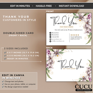 Double-sided floral thank you card Canva template showing front and back layouts in two sizes. / Plantilla floral de tarjeta de agradecimiento de doble cara en Canva mostrando diseños frontal y posterior en dos tamaños.