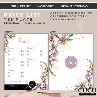 Editable floral price list Canva template with customizable categories, pricing, logo, and contact details. / Plantilla editable de lista de precios floral en Canva con categorías, precios, logotipo y datos de contacto personalizables.