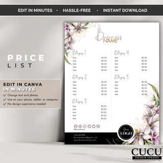 Professional floral price list Canva template designed for salons, boutiques, and small businesses. / Plantilla profesional de lista de precios floral diseñada para salones, boutiques y pequeños negocios.