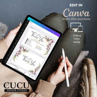 Canva editing preview displayed on tablet showing customizable branding templates included in the bundle. / Vista previa de edición en Canva mostrada en una tableta con las plantillas de marca incluidas en el paquete.