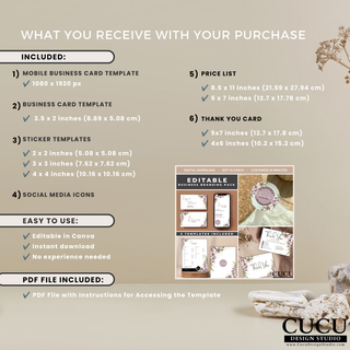 Overview of included Canva branding templates featuring business cards, stickers, thank you cards, and price lists. / Resumen de las plantillas de marca incluidas en Canva con tarjetas de presentación, stickers, tarjetas de agradecimiento y listas de precios.
