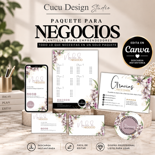 Paquete para negocios de Cucu Design Studio con plantillas editables en Canva para emprendedores. Incluye tarjeta de presentación para celular, tarjeta de presentación, lista de precios, tarjeta de agradecimiento y stickers personalizados con diseño floral elegante en tonos blanco, beige, rosa y dorado. La imagen destaca descarga instantánea, edición fácil en Canva y diseño profesional listo para usar.