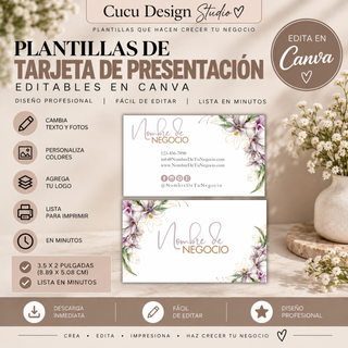 Plantillas de tarjetas de presentación editables en Canva para pequeños negocios y emprendedores. Incluye diseño horizontal de 3.5 x 2 pulgadas, equivalente a 8.89 x 5.08 cm, con espacio para nombre del negocio, teléfono, correo electrónico, sitio web, redes sociales y logotipo. El diseño floral combina flores en tonos suaves con detalles dorados y fondo blanco, y puede personalizarse para imprimir.