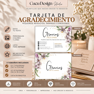 Plantilla de tarjeta de agradecimiento editable en Canva para pequeños negocios. Incluye diseños en tamaños de 5 x 7 pulgadas y 4 x 6 pulgadas, con espacio para mensaje de agradecimiento, redes sociales, teléfono, sitio web, correo electrónico y solicitud de reseña. El diseño floral elegante utiliza flores en tonos blanco, rosa y verde con detalles dorados. Ideal para incluir en pedidos y fortalecer la conexión con los clientes.