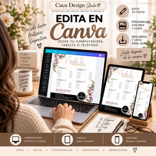 Plantilla editable en Canva mostrada en computadora, tableta y teléfono para demostrar que el paquete puede personalizarse desde diferentes dispositivos. La imagen muestra una lista de precios con diseño floral y explica que el usuario puede editar texto, colores y logotipo, descargar el diseño y prepararlo para usar o imprimir. Ideal para emprendedores que buscan plantillas profesionales fáciles de personalizar desde computadora, tableta o celular.