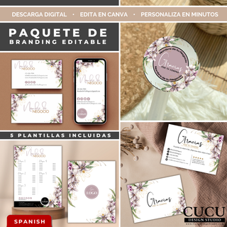 Paquete de branding editable en Canva con tarjeta de presentación, stickers, lista de precios y tarjeta de agradecimiento floral elegante. / Editable Canva branding bundle with business card, stickers, price list, and elegant floral thank you card.