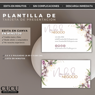 Plantilla editable de tarjeta de presentación floral para negocios pequeños en Canva con diseño elegante y moderno. / Editable floral business card template for small businesses in Canva with elegant modern design.