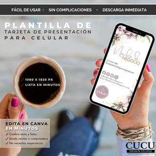 Plantilla digital para celular editable en Canva con tarjeta de presentación vertical y diseño floral elegante. / Editable mobile business card template in Canva with elegant floral vertical design.
