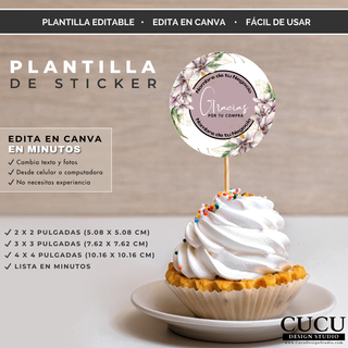 Plantilla de sticker redondo editable en Canva con flores elegantes y texto de agradecimiento para negocios. / Editable round sticker template in Canva with elegant flowers and thank you text for businesses.