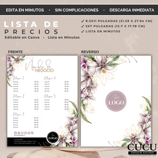 Lista de precios editable en Canva con diseño floral elegante para negocios y emprendedoras. / Editable Canva price list with elegant floral design for businesses and entrepreneurs.