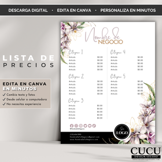 Plantilla de lista de precios para negocios editable en Canva con categorías y espacio para logo. / Editable business price list template in Canva with categories and logo space.