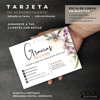Tarjeta de agradecimiento editable con flores elegantes para agradecer a clientes después de una compra. / Editable thank you card with elegant flowers to thank customers after a purchase.