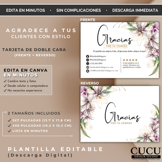 Tarjeta de agradecimiento de doble cara editable en Canva con diseño floral moderno y elegante. / Double-sided editable Canva thank you card with modern elegant floral design.