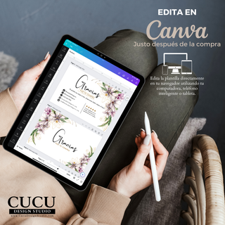 Vista de edición en Canva desde tablet mostrando plantilla editable para branding de negocios. / Canva editing view on tablet displaying editable branding template for businesses.