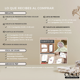 Vista completa del contenido incluido en el paquete de branding editable para pequeños negocios. / Full overview of everything included in the editable branding package for small businesses.