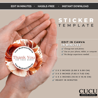 Round thank you sticker Canva template in multiple sizes featuring floral business branding. / Plantilla de etiqueta redonda de agradecimiento en Canva disponible en varios tamaños con diseño floral.