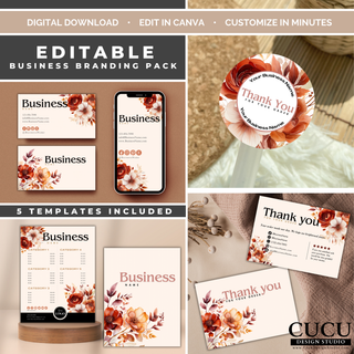 Editable floral business branding pack Canva template bundle including business card, mobile card, thank you card, sticker, and price list templates. / Paquete de identidad de marca editable en Canva con tarjeta de presentación, tarjeta móvil, tarjeta de agradecimiento, etiquetas y lista de precios.