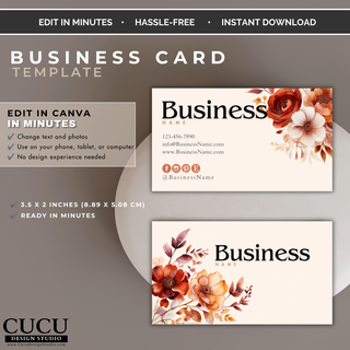Editable floral business card Canva template with front and back design for small business branding. / Plantilla editable de tarjeta de presentación floral en Canva con diseño frontal y posterior para negocios.