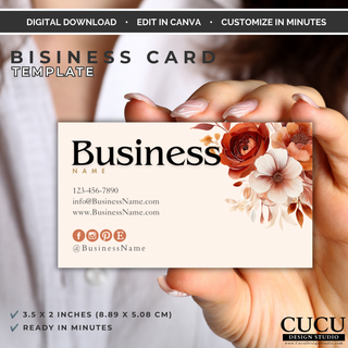Professional floral business card template displayed in hand, editable in Canva and ready to customize. / Plantilla profesional de tarjeta de presentación floral mostrada en mano, editable en Canva y fácil de personalizar.