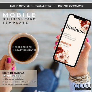 Mobile business card Canva template optimized for smartphones with customizable contact information. / Plantilla de tarjeta de presentación móvil para Canva optimizada para teléfonos inteligentes con información editable.