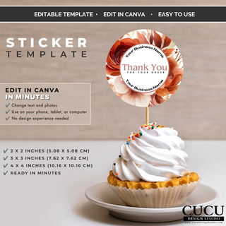Editable thank you sticker template displayed on cupcake topper for product packaging and branding. / Plantilla editable de etiqueta de agradecimiento mostrada como topper para cupcake ideal para empaques y marca.