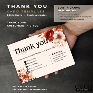 Floral thank you card Canva template with customizable business details and customer appreciation message. / Plantilla floral de tarjeta de agradecimiento en Canva con información comercial editable y mensaje para clientes.