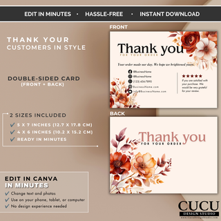 Double-sided thank you card Canva template showing front and back designs in elegant floral style. / Plantilla de tarjeta de agradecimiento de doble cara en Canva mostrando diseños frontal y posterior con estilo floral.