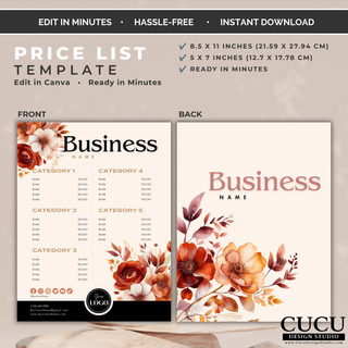 Editable floral price list Canva template with customizable categories, prices, and business branding. / Plantilla editable de lista de precios floral en Canva con categorías, precios y marca personalizables.
