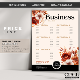 Professional price list template for businesses featuring elegant floral accents and editable layout. / Plantilla profesional de lista de precios para negocios con detalles florales elegantes y diseño editable.